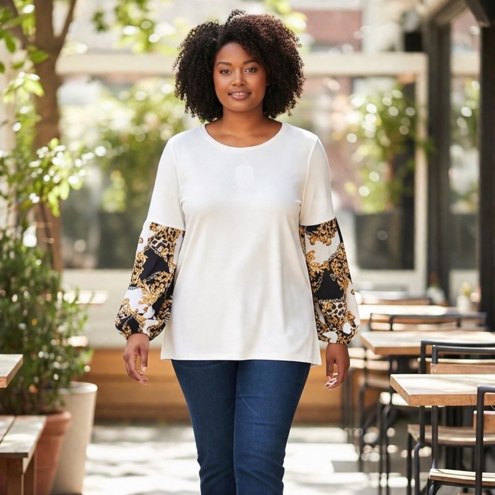 Chic Women's White and Brown Long Sleeve Top